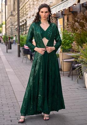 Green Embroidery Georgette Indo Western Set