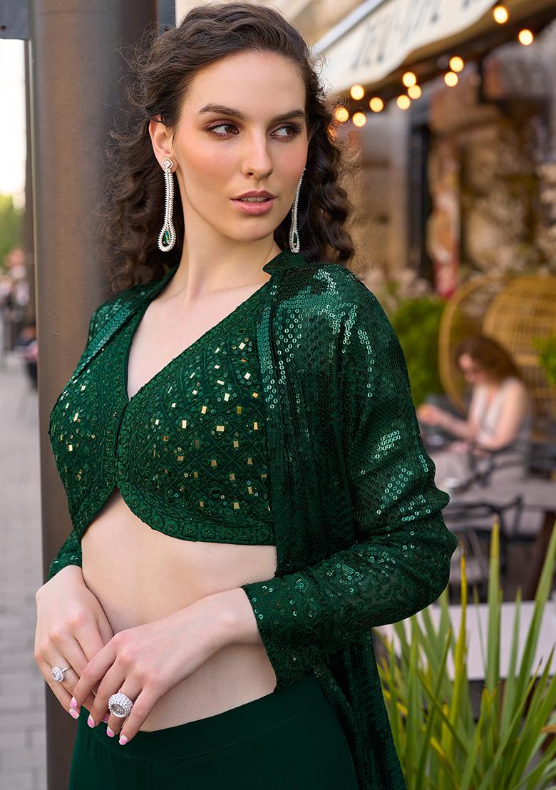 Green Embroidery Georgette Indo Western Set - Indya