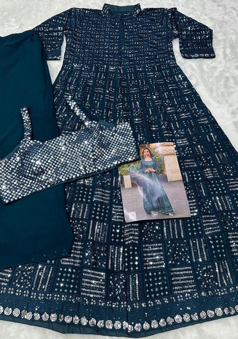 Morpeach Embroidery Georgette Indo Western Set - Indya