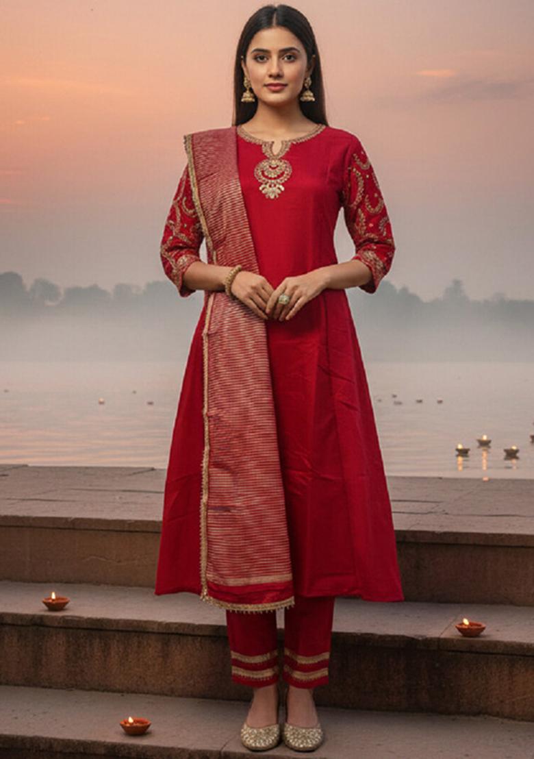 Red Embroidery Silk Kurta Set - Indya