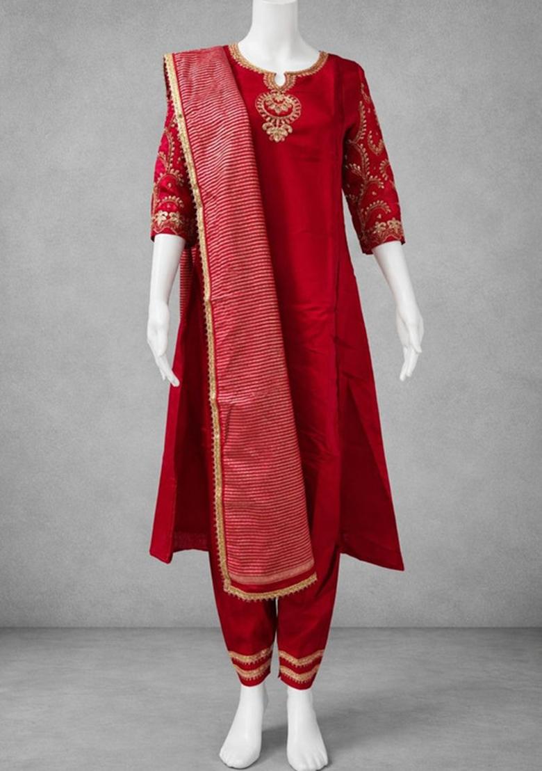 Red Embroidery Silk Kurta Set - Indya