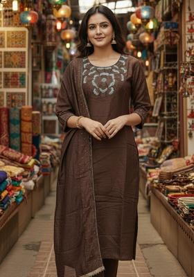 Coffee Embroidery Silk Kurta Set