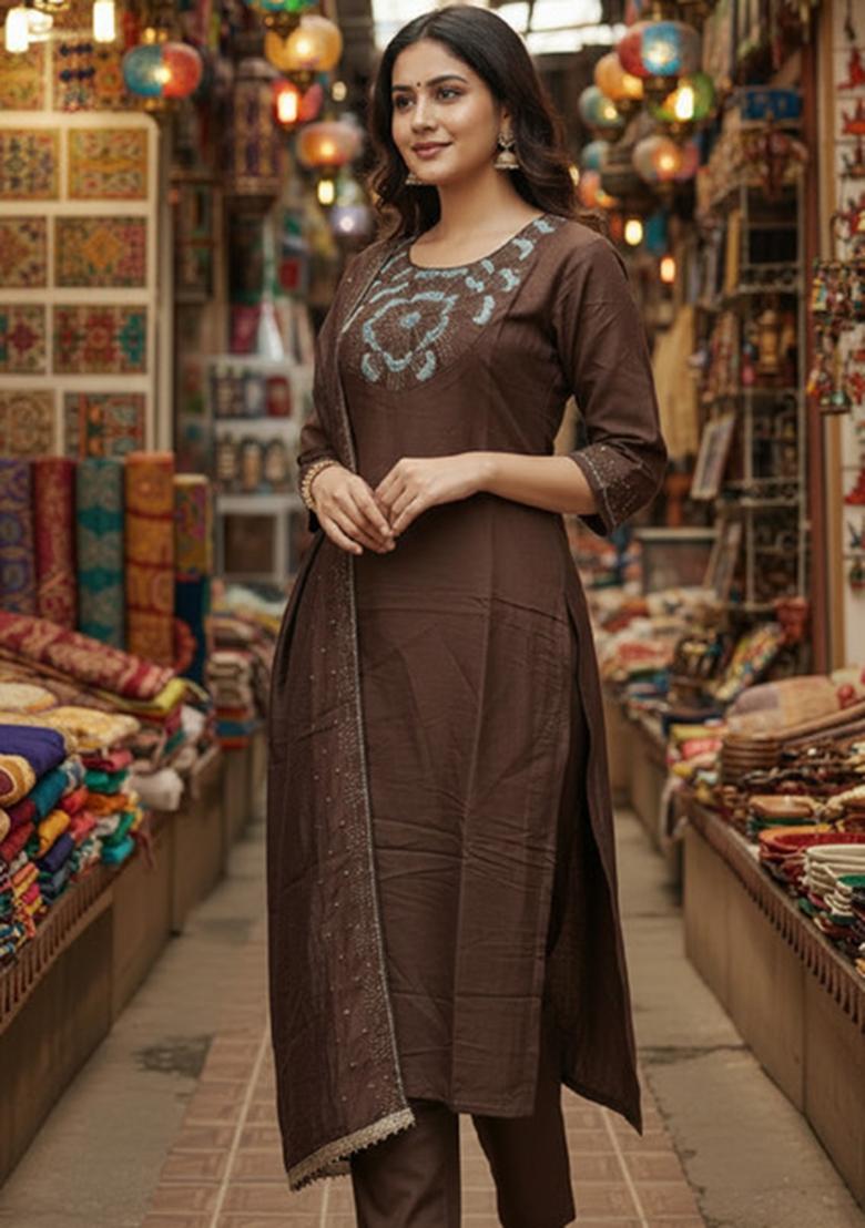 Coffee Embroidery Silk Kurta Set - Indya