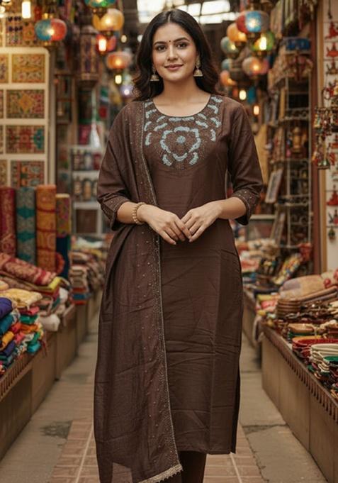 Coffee Embroidery Silk Kurta Set