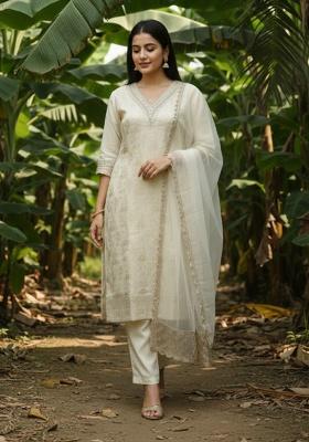 Off White Embroidery Silk Kurta Set