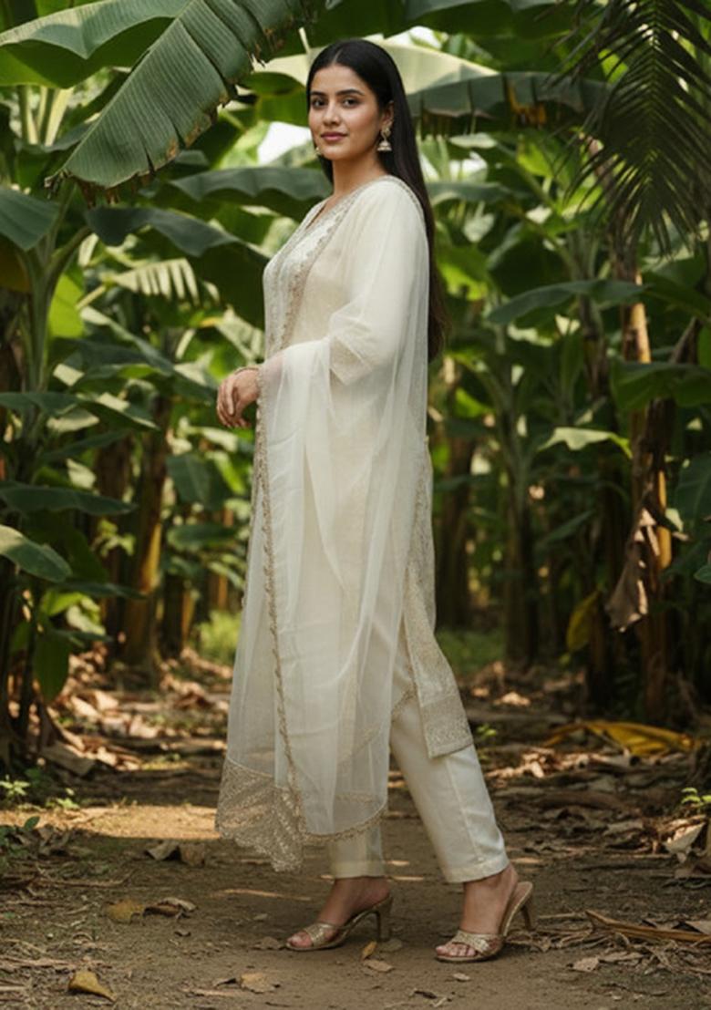 Off White Embroidery Silk Kurta Set - Indya