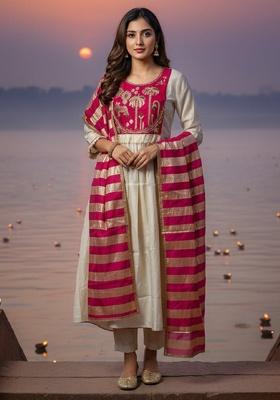 Off White And Red Embroidery Silk Kurta Set