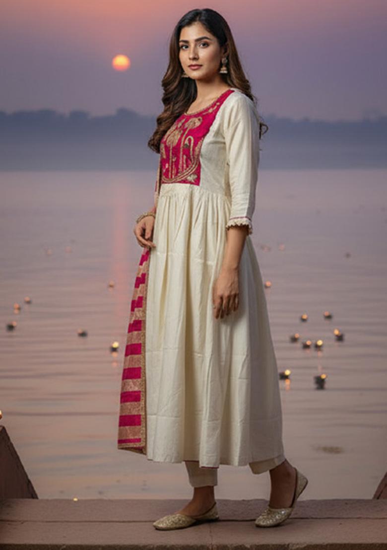Off White And Red Embroidery Silk Anarkali Set - Indya
