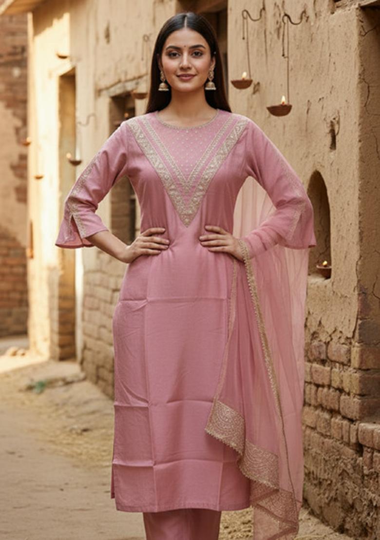 Pink Embroidery Silk Straight Kurta Set - Indya