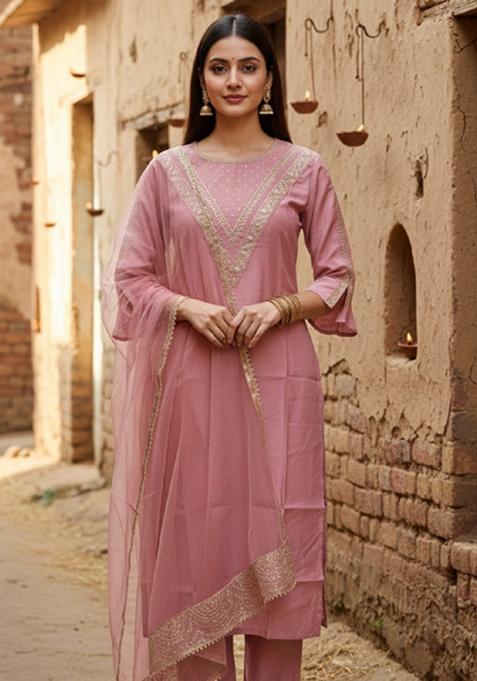 Pink Embroidery Silk Kurta Set