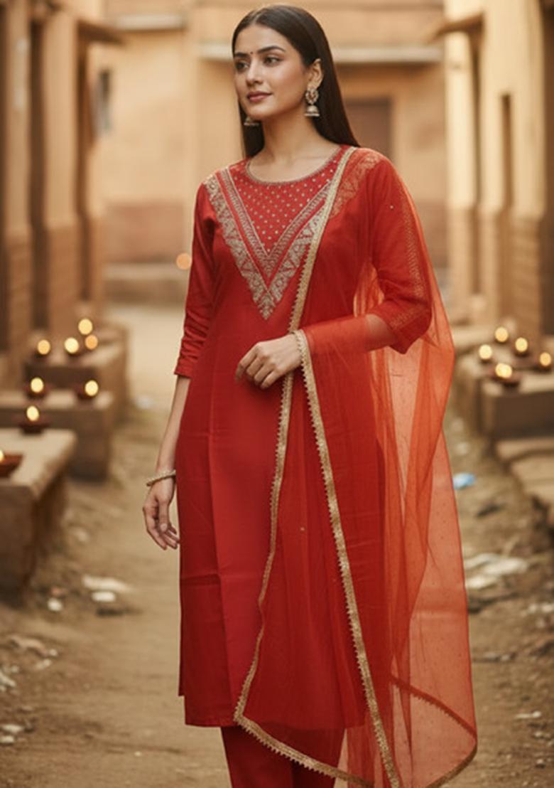 Orange Embroidery Silk Straight Kurta Set - Indya