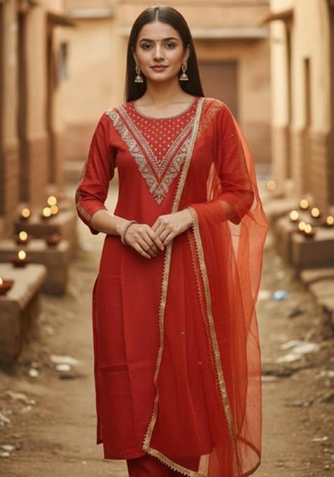 Orange Embroidery Silk Kurta Set