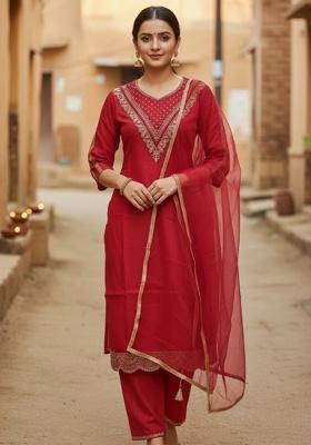 Red Embroidery Silk Kurta Set