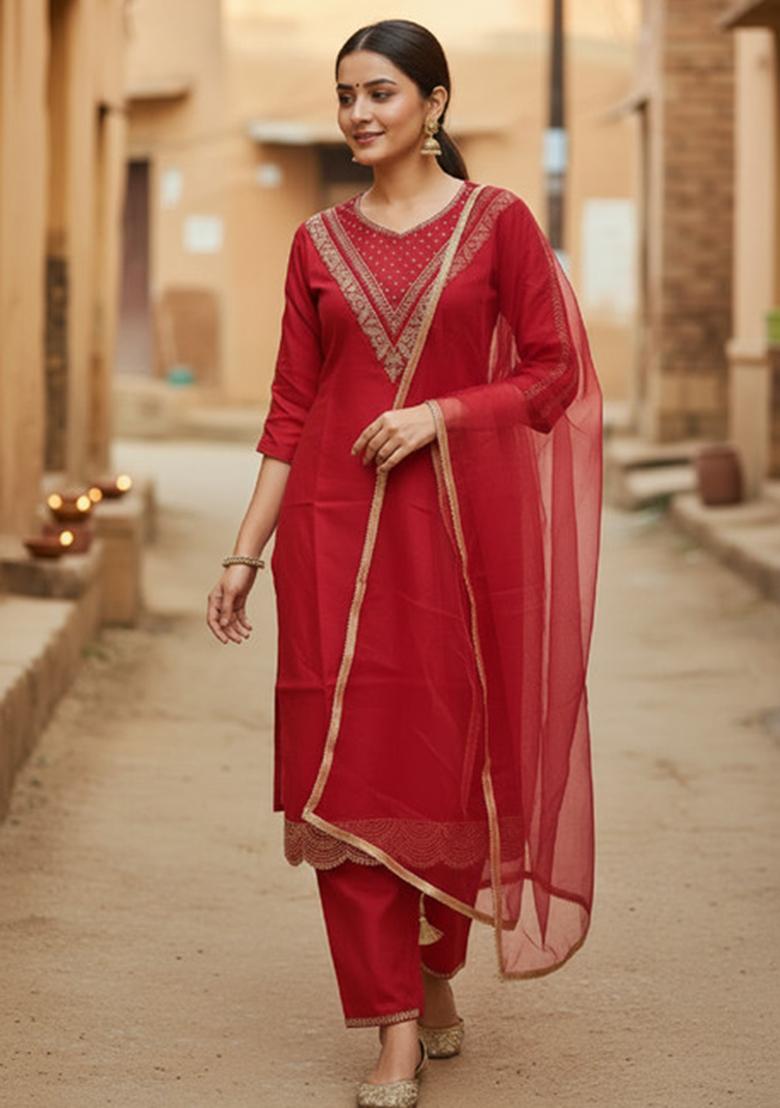 Red Embroidery Silk Straight Kurta Set - Indya