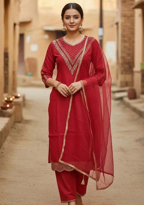 Red Embroidery Silk Kurta Set