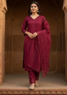 Wine Embroidery Silk Kurta Set