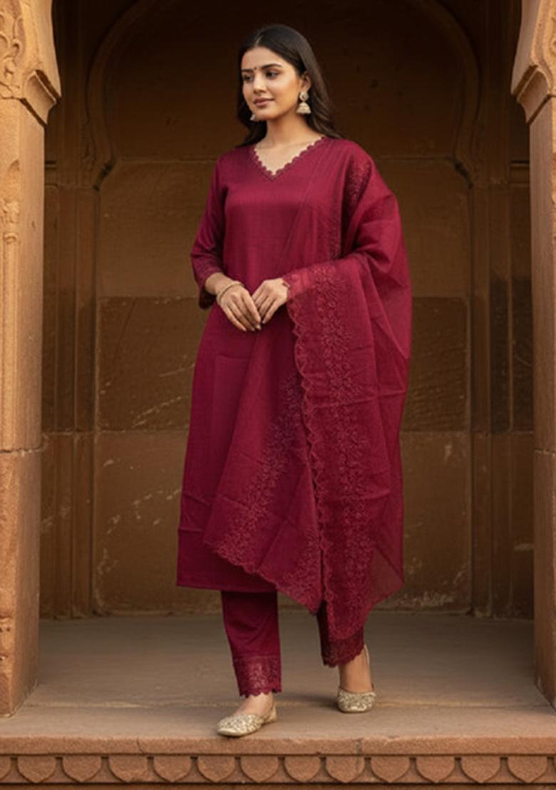 Wine Embroidery Silk Straight Kurta Set - Indya