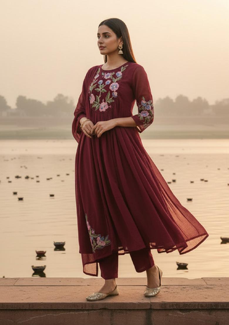 Red Embroidery Silk Anarkali Set - Indya