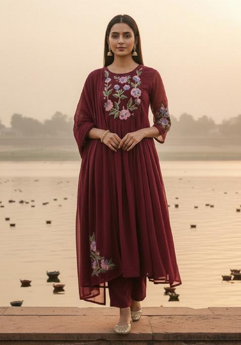 Red Embroidery Silk Kurta Set