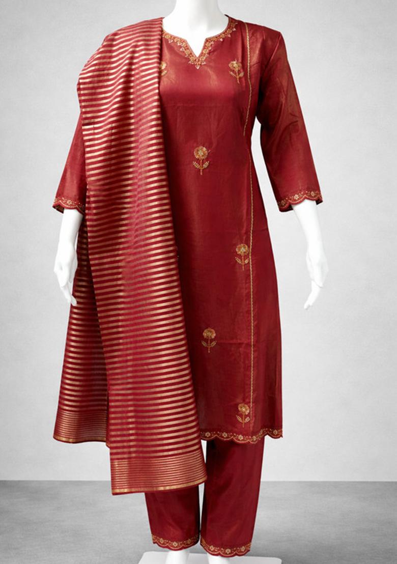 Maroon Embroidery Silk Kurta Set - Indya