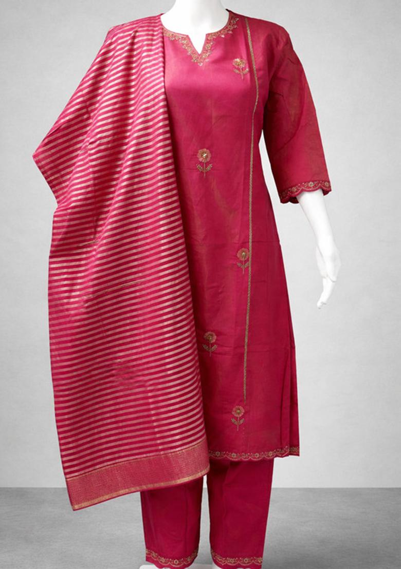Pink Embroidery Silk Kurta Set - Indya
