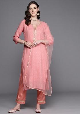 Peach Embroidery Silk Kurta Set