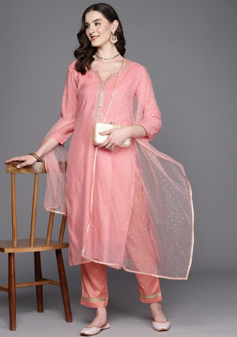 Peach Embroidery Silk Kurta Set - Indya