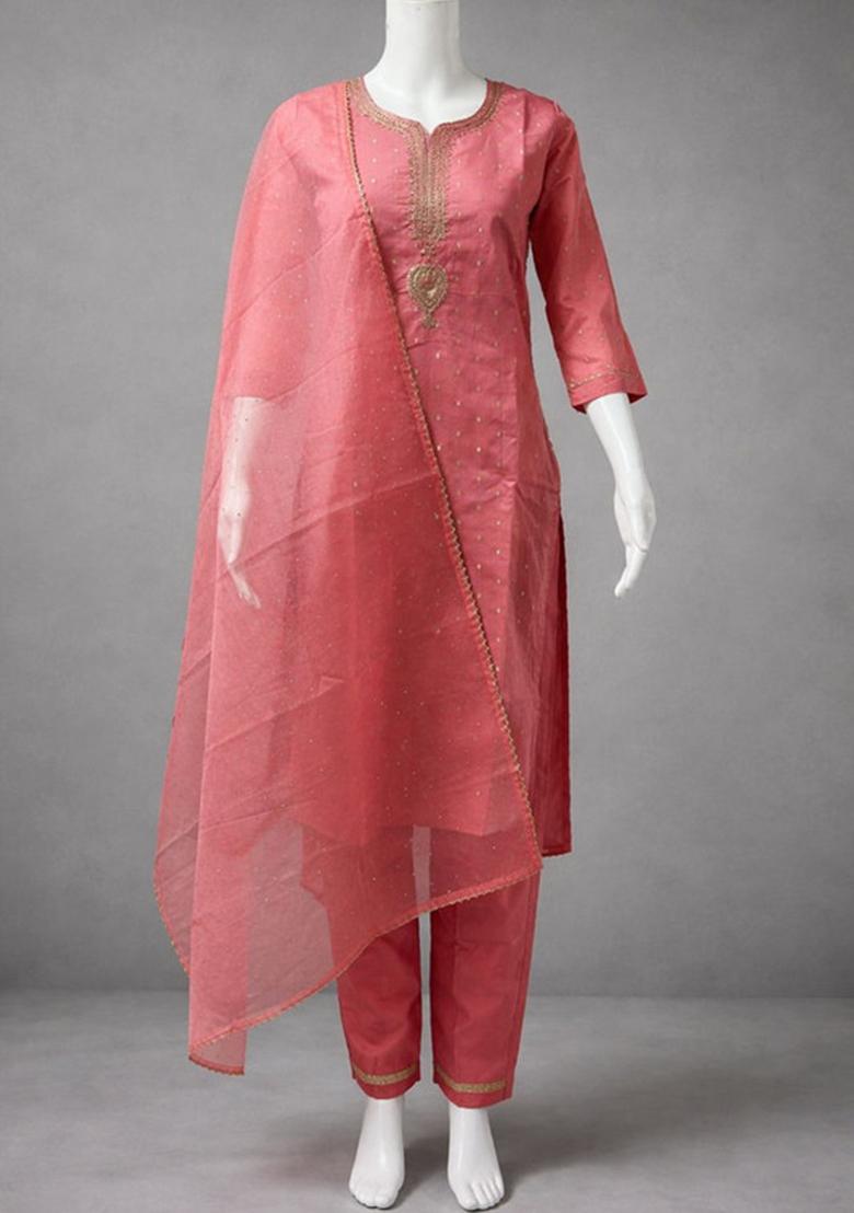 Peach Embroidery Silk Kurta Set - Indya