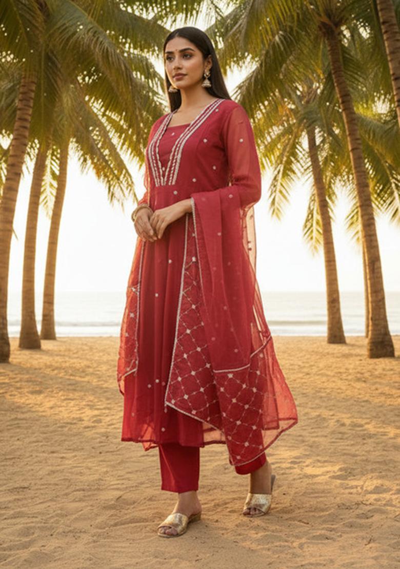 Maroon Lace Work Organza Anarkali Set - Indya