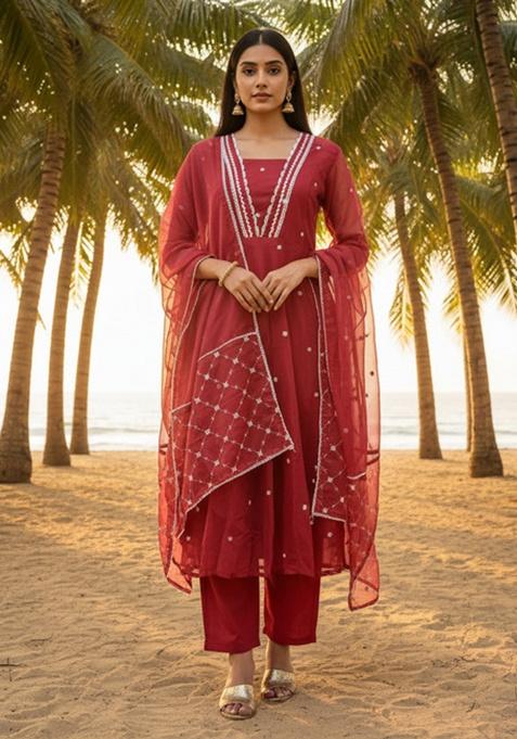 Maroon Lace Work Organza Anarkali Set