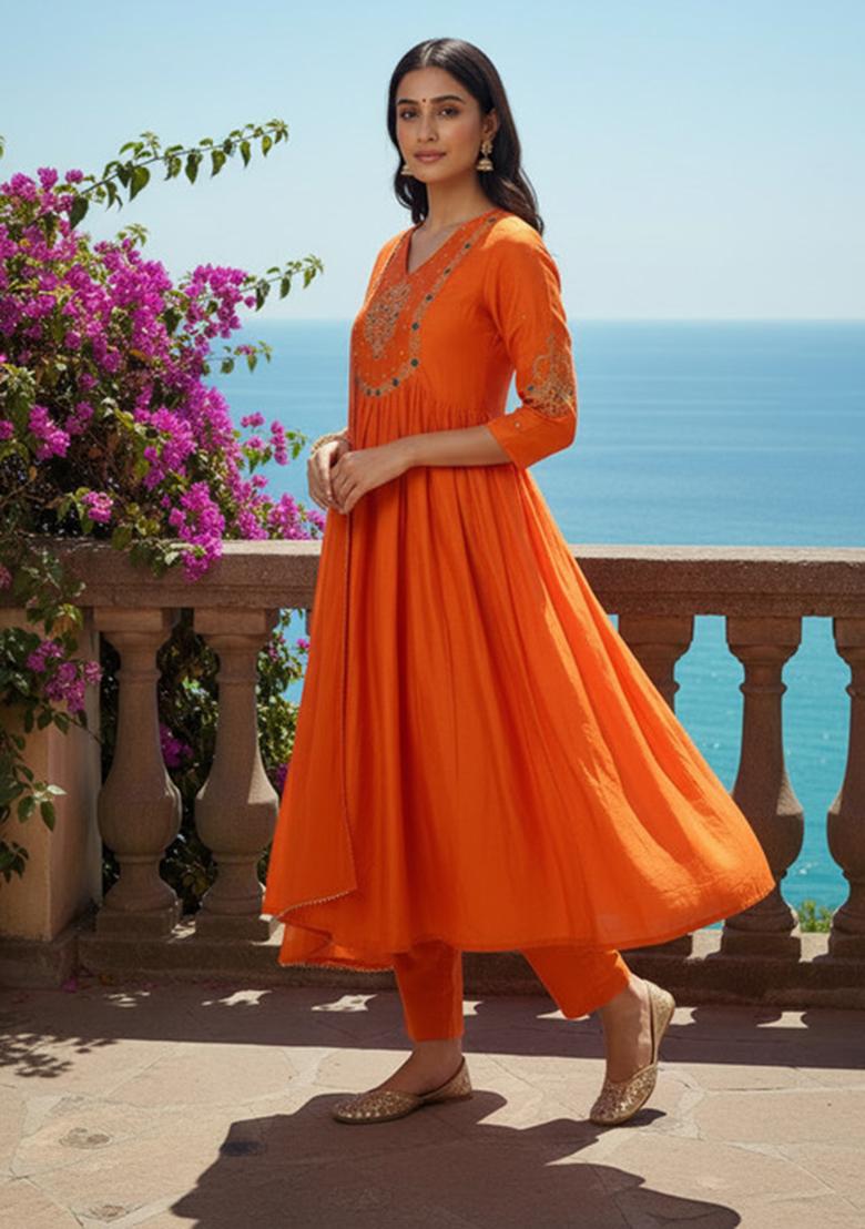 Orange Embroidery Silk Anarkali Set - Indya