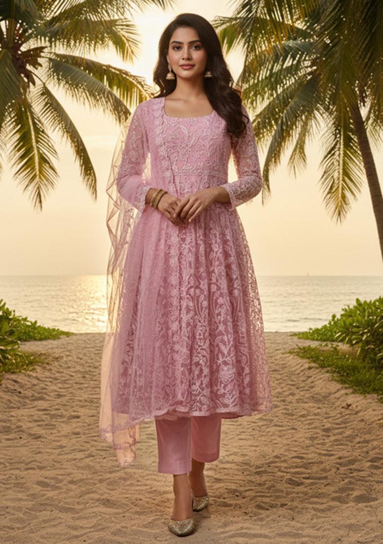 Dusty Rose Pink Embroidery Net Anarkali Set - Indya