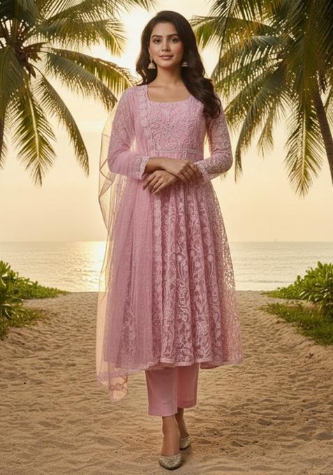 Dusty Rose Pink Embroidery Net Anarkali Set