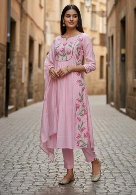 Pink Embroidery Cotton Kurta Set