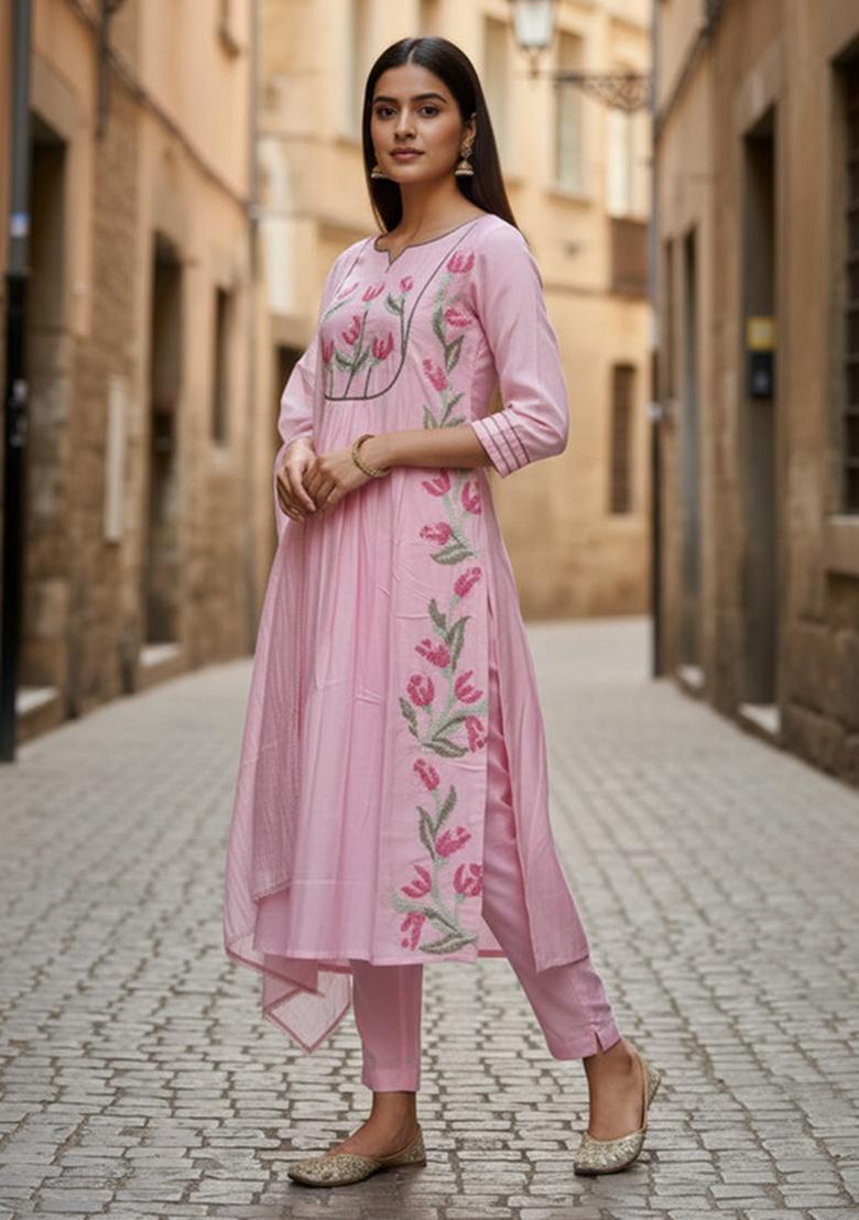 Pink Embroidery Cotton Kurta Set - Indya