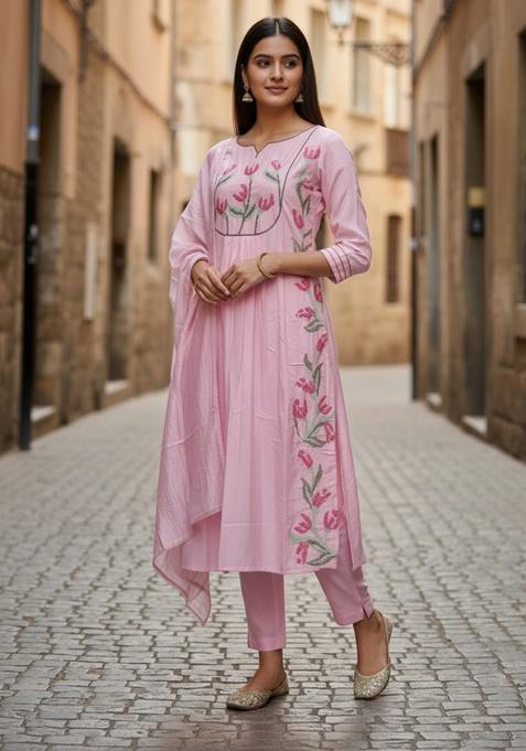 Pink Embroidery Cotton Kurta Set