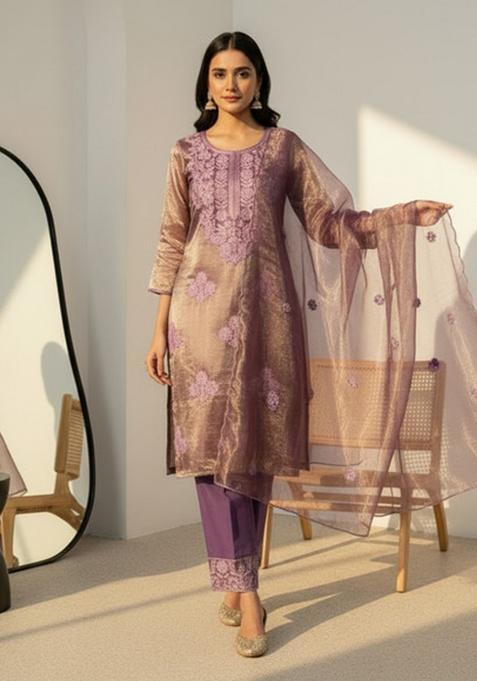 Purple Embroidery Silk Kurta Set