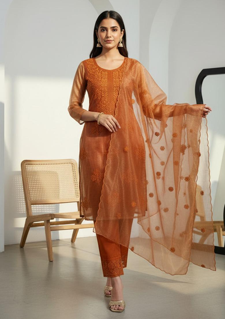 Orange Embroidery Silk Kurta Set - Indya