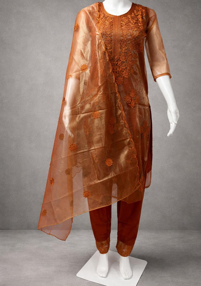 Orange Embroidery Silk Kurta Set - Indya