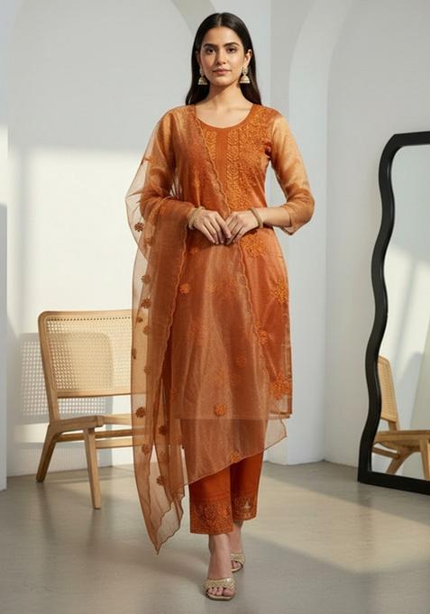 Orange Embroidery Silk Kurta Set