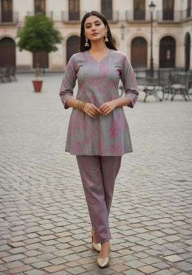 Grey And Rose Pink Color Block Cotton Co-Ord Set