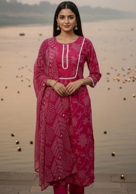 Rani Pink Lace Work Rayon Kurta Set