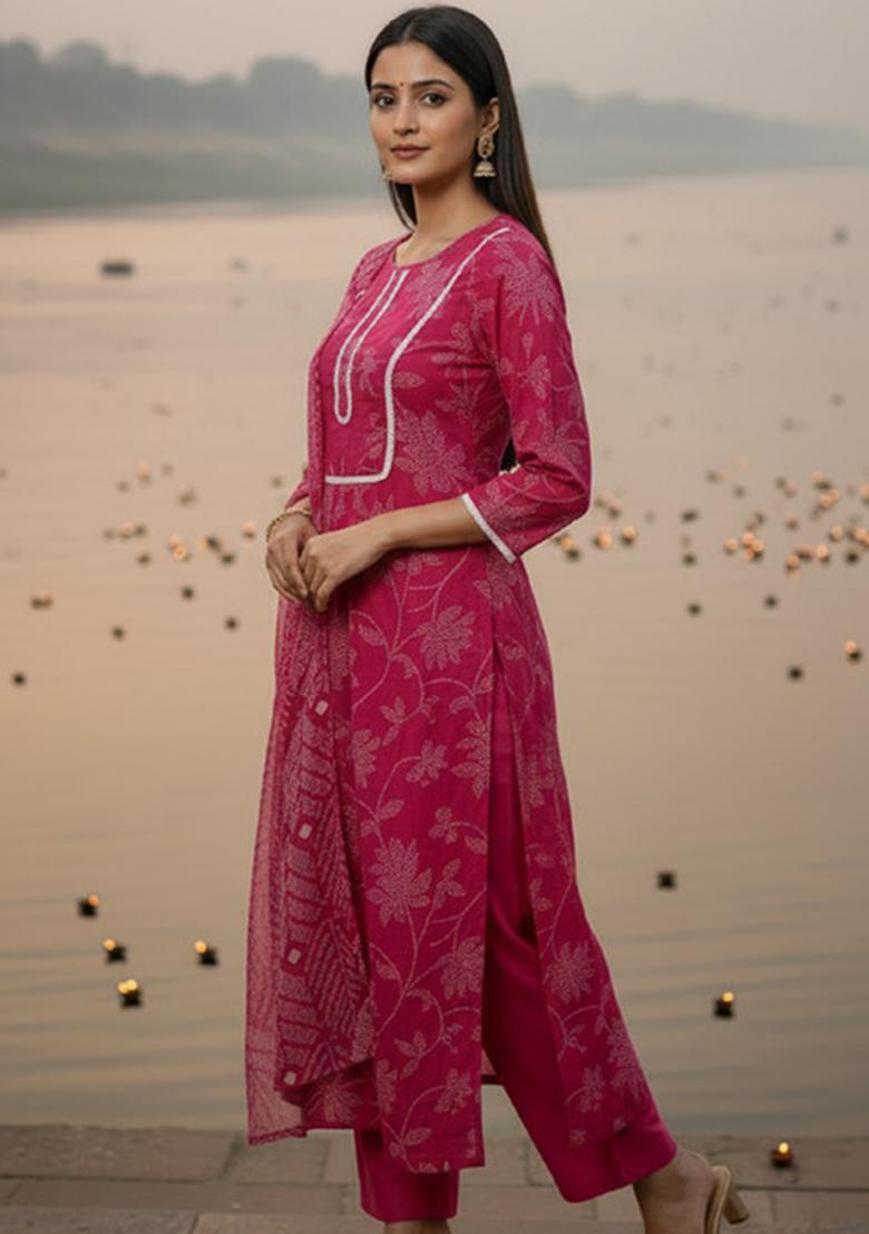 Rani Pink Lace Work Rayon Straight Kurta Set - Indya