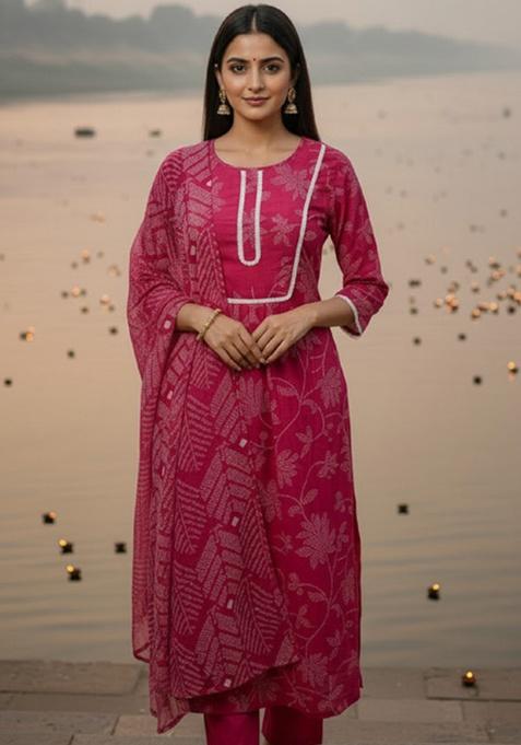 Rani Pink Lace Work Rayon Kurta Set
