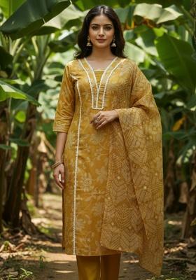 Yellow Lace Work Rayon Kurta Set