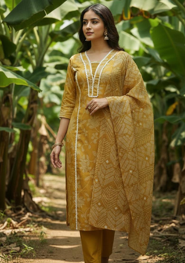Yellow Lace Work Rayon Straight Kurta Set - Indya