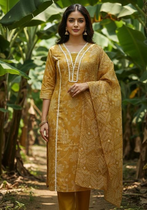 Yellow Lace Work Rayon Kurta Set