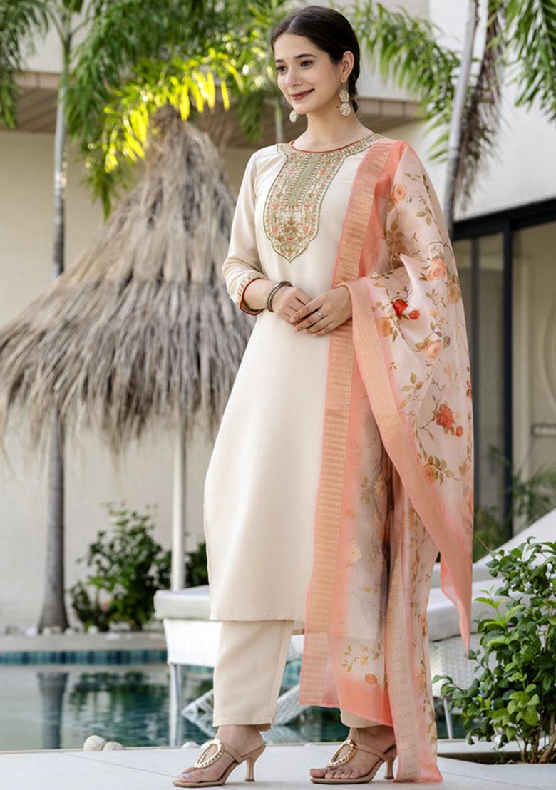 Off White Embroidery Rayon Straight Kurta Set - Indya