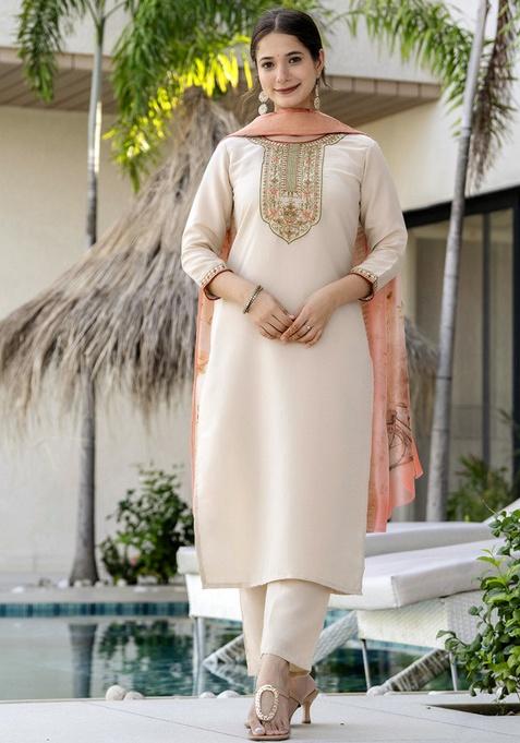 Off White Embroidery Rayon Kurta Set