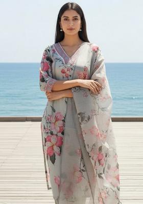 Off White Lace Work Rayon Kurta Set